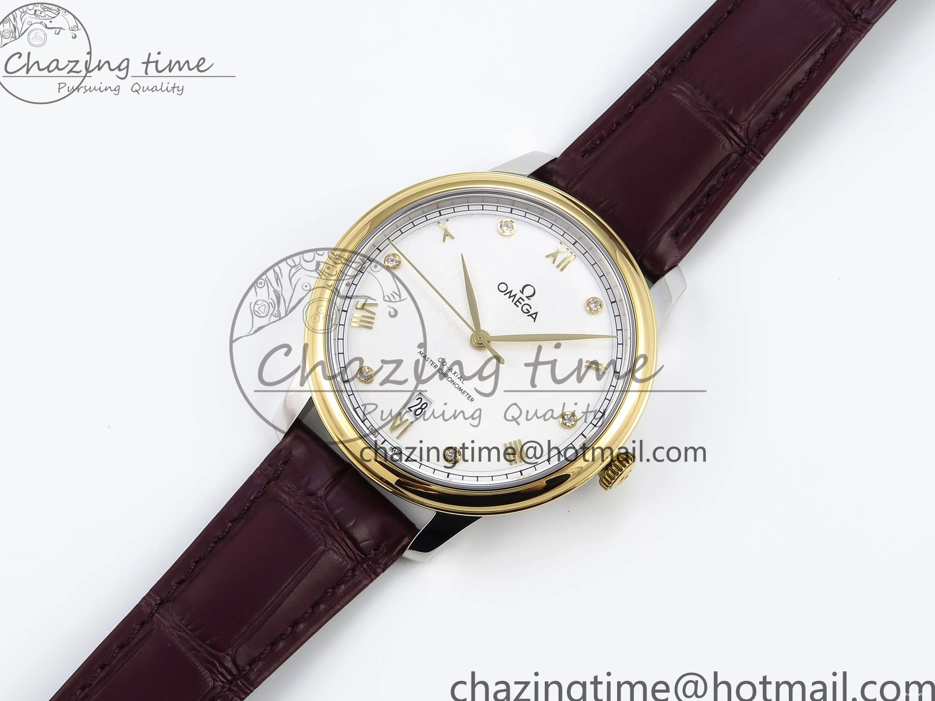 0421 De Ville Date YG MKF 1:1 Best Edition White Textured Dial Diamonds Marker on Brown Leather Strap A WaterResistant 7754